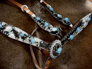 HORSE BRIDLE WESTERN LEATHER HEADSTALL BREASTCOLLAR TACK SET TURQUOISE 