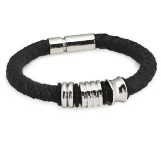   or Brown Braided Leather Bracelet w/ Stainless Steel Chain & Clasp