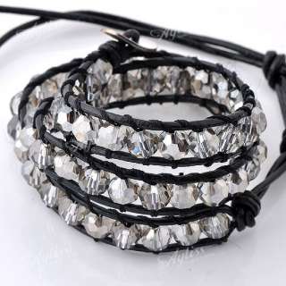   Fashion 6mm Crystal Glass Beads Leather Wrap Cuff Bracelet Woven
