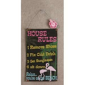  House Rules at the Beach Flamingo Metal Wall Plaque Sign 