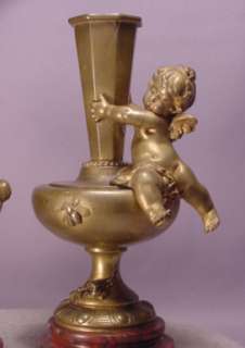 Superb Pair Antique Cherub Bronze Vases Signed Aug. Moreau  
