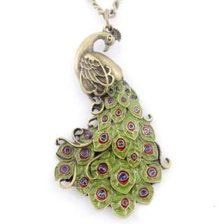 Gorgeous Gold tone Green Peacock Pendant NECKLACE  
