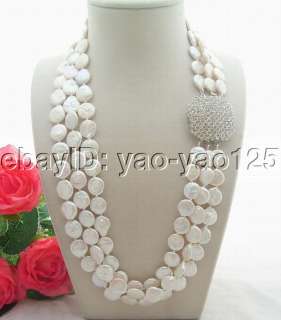 Natural 3Strds 22 24 12MM White Coin Pearl Necklace  