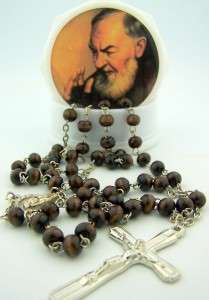 Wood Rose Scented Saint St Pio Rosary Necklace W Case Box Silver Cross 