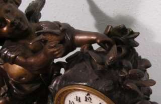 Antique French Marble & Bronzed Figural Mantel Clock w/ Cherub 