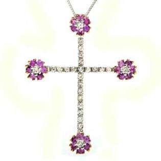   Gold Pink Sapphire Diamond Cross Pendant with Chain (1.40 ctw
