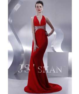 JSSHAN Red Chiffon Halter Beaded Hot Long Formal Prom Ball Gown 