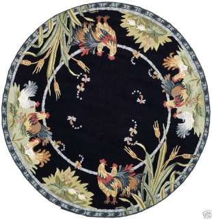 Hand hooked Roosters Black Wool Area Rug 8 Round  
