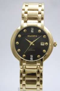 New Elgin Men Diamond Collection Stainless Steel Gold Date Watch 38mm 