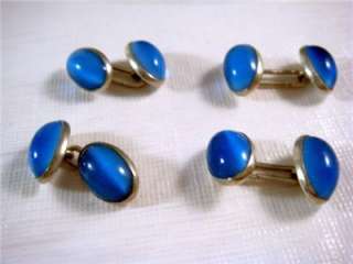 Antique Sterling Silver Moonstone Cufflinks 2 Pair Signed w/Blue 