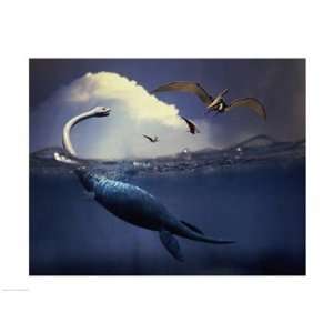  Plesiosaurus and Flying Pteranodons Poster (24.00 x 18.00 