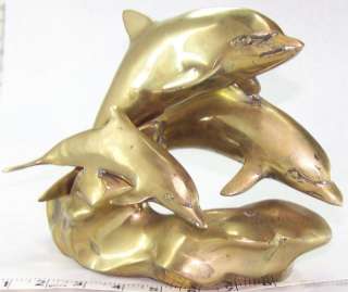 Vintage Solid Brass Jump/Swim Trio Dolphin Sculpture  