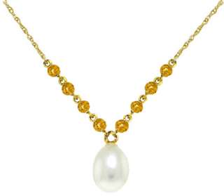 Cultured Pearl & Natural Yellow Citrine Gemstones Chain Necklace 14K 