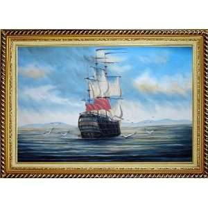Sailing Warship On Blue Sea Oil Painting, with Linen Liner Gold Wood 