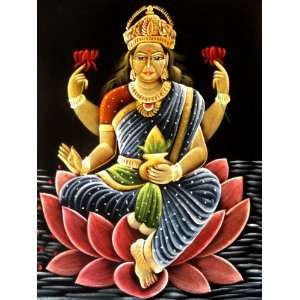 Indian Goddess Laxmi Lakshmi Handmade Oil Painting on Velvet Fabric 