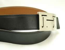 HERMES Leather Reversible Belt sz 85 Silver H Buckle Black x Tan 