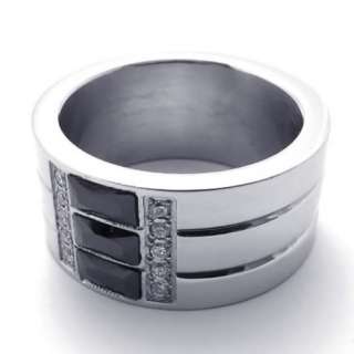 Mens Black Silver Zircon Stainless Steel Ring US Size 8,9,10,11,12 