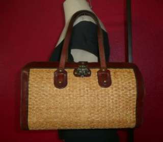   60s Woven Rattan Straw & Leather Satchel Doctor Bag Purse  