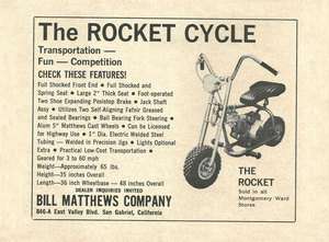 Vintage 1961 Bill Matthews Co. Rocket Cycle Mini Bike Ad  