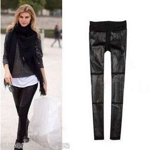 WOMEN Girl Fashionable Black Leather Stretch Tights Pants Leggings XS 