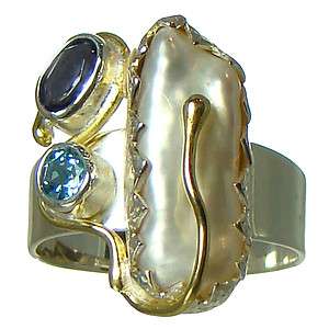 NEW MICHOU SS & 22k Gold Pearl, Amethyst, Topaz Ring Size 8  