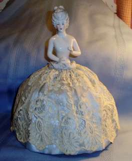 Antique German China HALF DOLL on Powder Box or Candy Container Box 