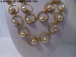   GOLD AND PEARL BIB NECKLACE WITH CREAM SATIN RIBBON TIE $98  