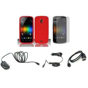 Red Silicone Soft Skin Case Cover + Wall Charger + Car Charger + Micro 