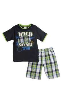   6x) 2pc navy/green t shirt & plaid shorts set   safari Clothing