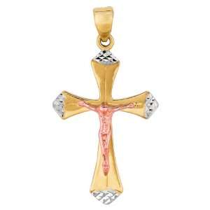    14K Tri Color Gold Diamond Cut Crucifix Cross Pendant Jewelry