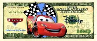 CARS * $100 Disney Dollar *Novelty Collectors Bill New!  