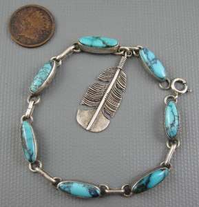   Old Pawn Bisbee Turquoise Link Bracelet w/Feather Charm Signed  