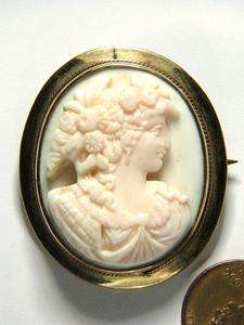 ANTIQUE 9K GOLD PINK CONCH SHELL CAMEO PIN FLORA c1880  