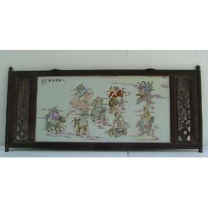 one Famille Rose Porcelain Panel with Rosewood Frame, Chinese Antique 