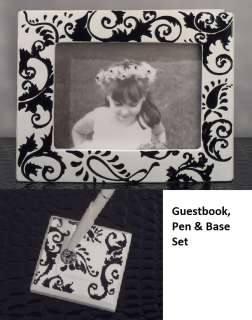 DAMASK BLACK/WHITE Wedding Guest Book Pen Kinfe Flute Toasting Glasses 