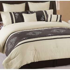   Coffee and Beige Embroidered Comforter Bedding Set