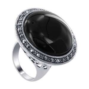   Black Onyx Stone 31mm Round Marcasite Decorated 4mm Band Ring Size 8