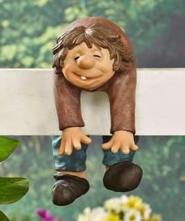   Humorous Mooning Gnome Hanging Over Fence Outdoor Garden Statue Decor