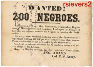 Civil War Wanted Poster Confederates Negroes Slaves  