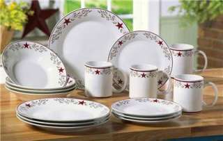16 pc Country Star Red & White Ceramic Dinnerware  
