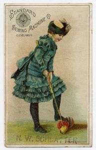 Trade card with nice croquet image   girl, mallet, ball  
