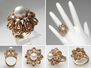 Vintage Cocktail Ring Cultured Pearl Single Cut Diamond Solid 14K Gold