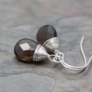 Smoky Quartz Facet Briolette Silver Wire Wrap Earrings  