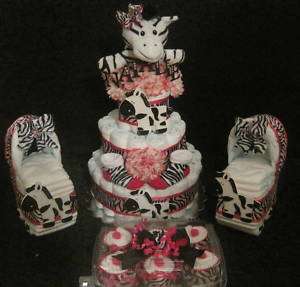 HOT PINK AND ZEBRA PRINT CAKE, CARRIAGE, AND CUPCAKES  