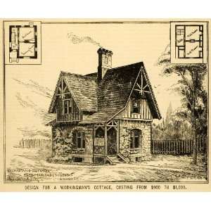  1878 Print Victorian Cottage Architectural Design Floor Plans 