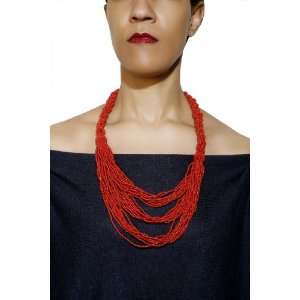   Unique Red Twist Cascading Multi Strand Glass Bead Necklace: Jewelry