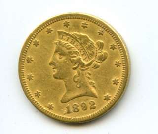 1892 CC $10 LIBERTY HEAD EAGLE US GOLD COIN ~VF~ RARE CARSON CITY KEY 