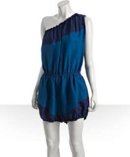 style #305785401 parisian blue colorblocked silk one shoulder romper