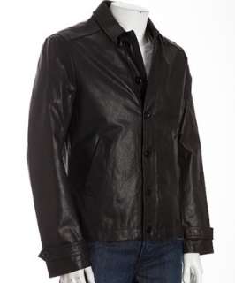 John Varvatos black leather button front jacket   
