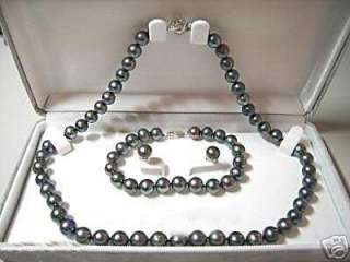 New 7 8mm black FW pearl necklace&bracelet&earring set  